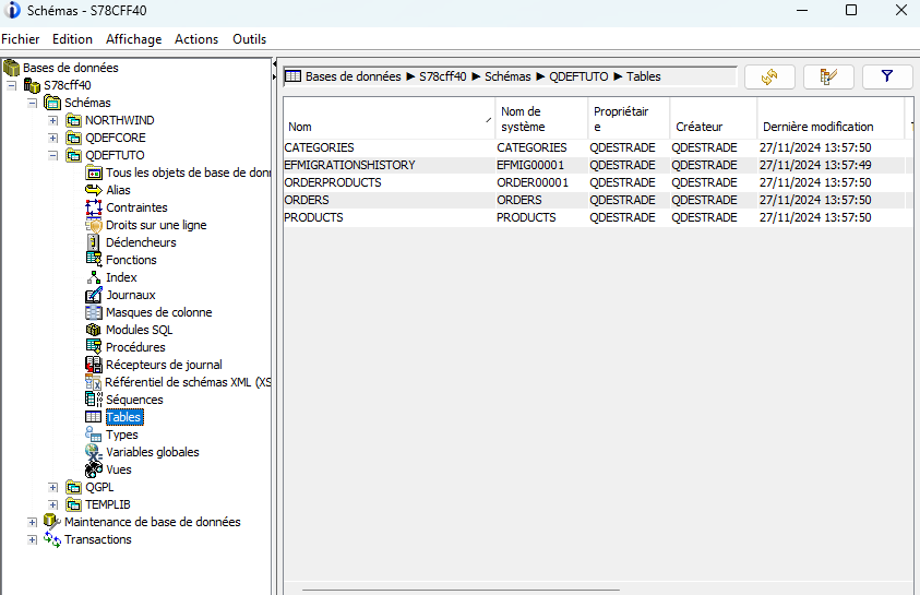 Entities created on DB2 for i via ACS