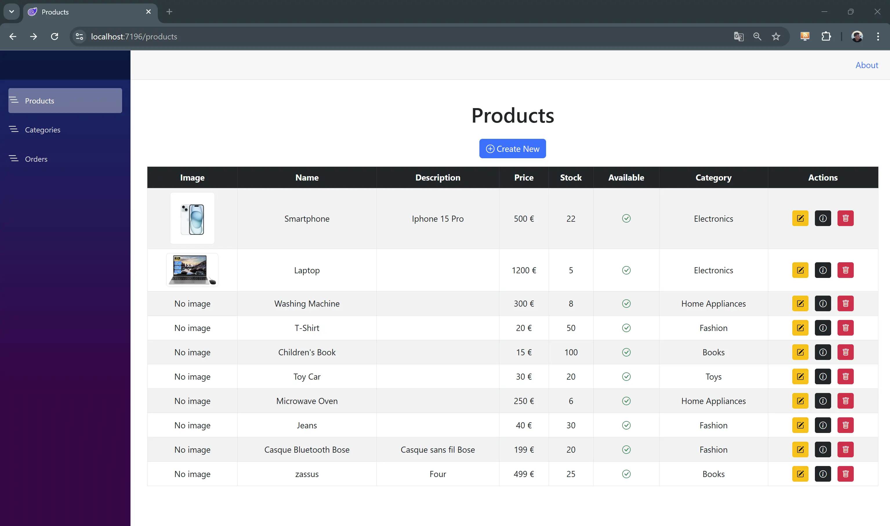 Blazor CRUD - products index page